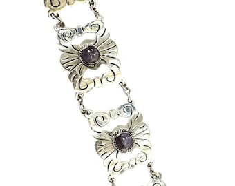 Vintage Mexican Silver Amethyst Link Bracelet: Geometric Scroll Design