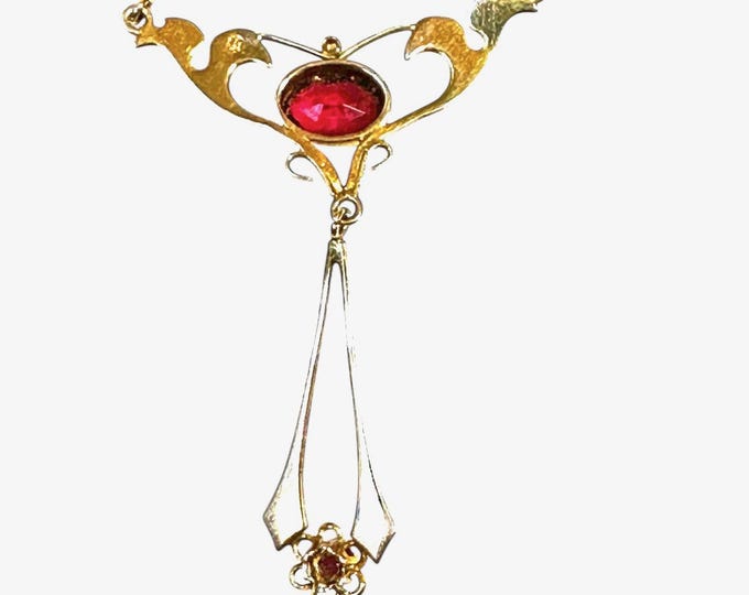 Antique 10K Gold Necklace – Late 1800s Red Glass Stones