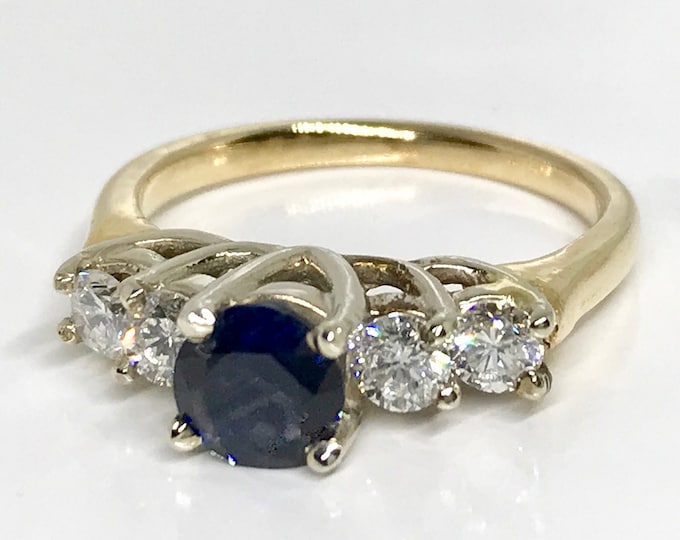 Yellow Gold Diamond and Blue Sapphire Ring, Stacking Ring or Engagement Ring