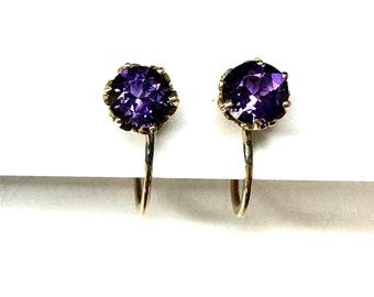 Vintage 10K Yellow Gold Amethyst Screw Back Earrings Ornate Filigree Studs