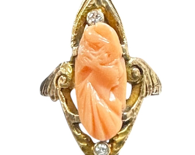 Yellow Gold Coral Cameo Ring; Coral Ring; Art Nouveau Ring; Cameo Ring; Coral Cameo Ring; Art Nouveau Cameos, Vintage Cameo Ring