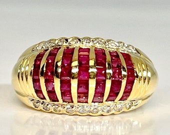 Vintage Yellow Gold Ruby and Diamond Dinner Ring, Diamond and Ruby Ring, Square Cut Ruby Ring, July Birthstone Ring