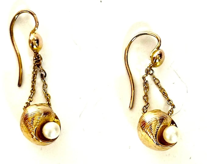 Pierced Yellow Gold Cultured Pearl Drop Earrings in Shell Design Stamped 9 Karat