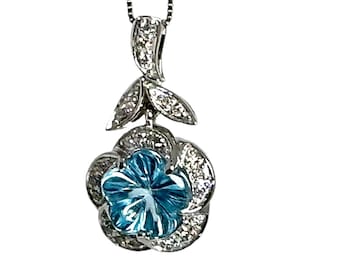 14K White Gold Flower-Cut Blue Topaz Diamond Necklace