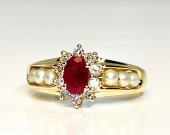 Yellow Gold Ruby Diamond and Pearl Ring, Vintage Ruby Ring, July Birthstone Ring, Vintage Ruby Diamond and Cultured Pearl Ring