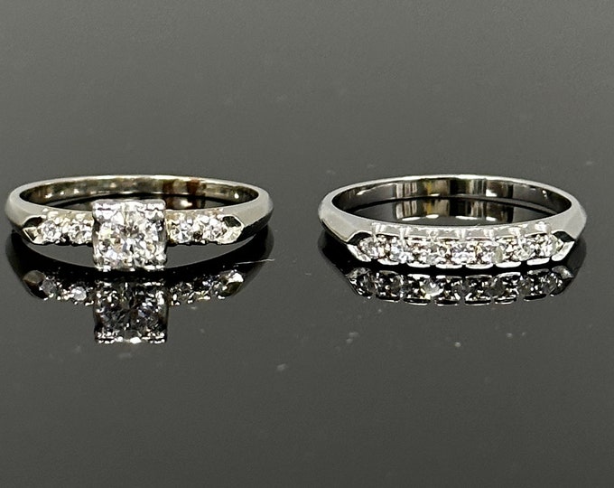 14 Karat White Gold Diamond Vintage Wedding Set