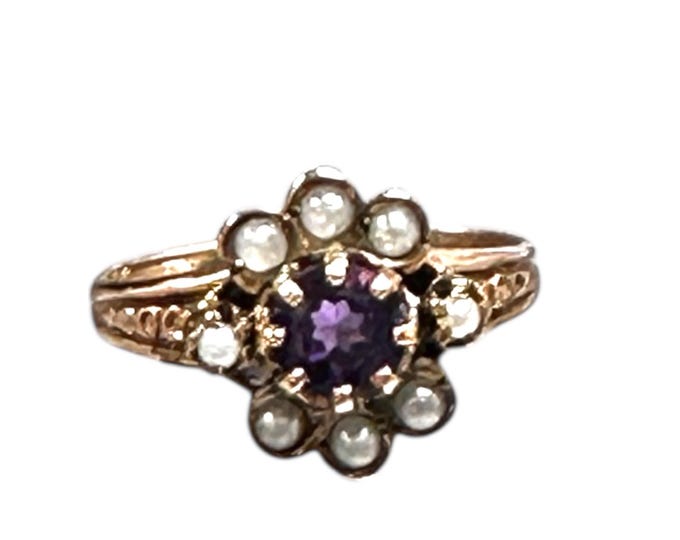 Victorian 10 Karat Yellow Gold Amethyst and Pearl Ring: February Birthstone
