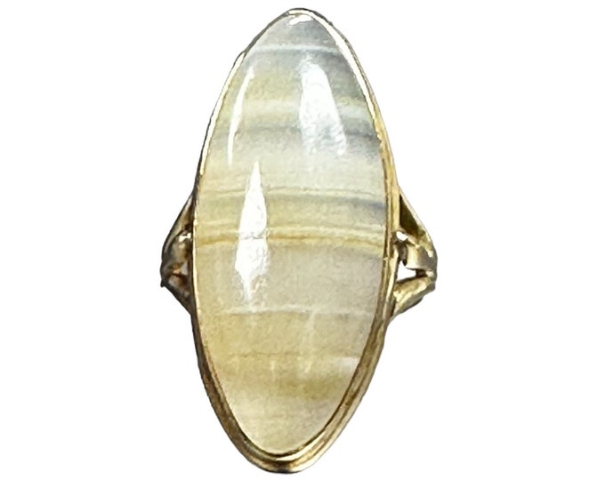 Vintage Yellow Gold Agate Ring, Banded Agate Ring, Split Shank Banded Agate Ring, Agate Ring