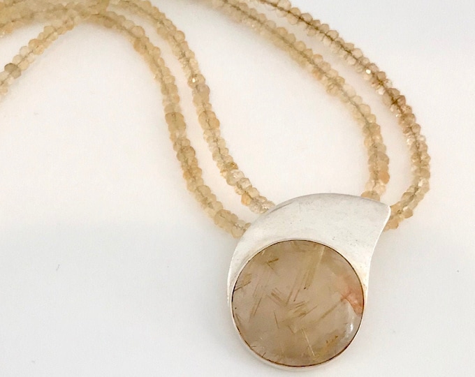 Sterling Silver Rutilated Quartz Necklace Suspended on a Double Strand of Citrine Beads