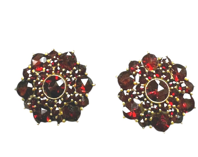 Vintage Garnet Cluster Pierced Earrings - Elegant Retro Jewelry