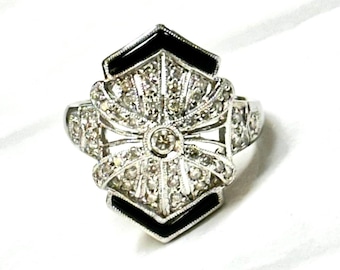 Elegant 14 Karat White Gold Diamond and Black Onyx Art Deco Style Ring