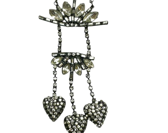 Dark Metal Rhinestone Heart Pendant Necklace, Retro Statement Jewelry