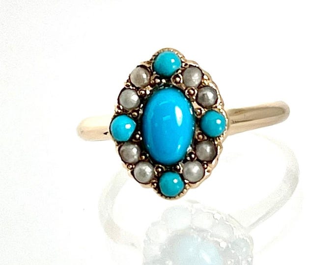 Authentic Victorian 10 Karat Yellow Gold Turquoise and Pearl Ring, December Birthstone