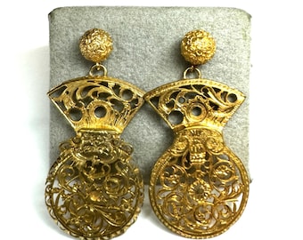 Antique Gold Tone Watchcock Pierced Drop Earrings