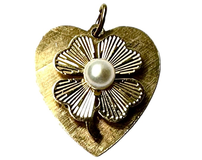 Gorgeous 14K Yellow Gold Heart Charm/Pendant with Lucky 4 Leaf Clover and Cultured Pearl