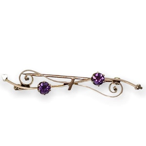 Antique 10k Gold Amethyst Bar Pin: Scrollwork Brooch