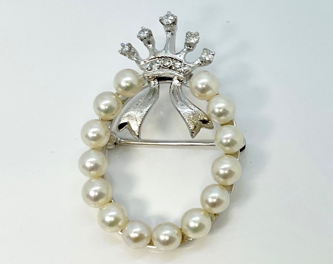 White Gold Pearl and Diamond Pin, Vintage Pearl and Diamond Brooch, Vintage Brooch