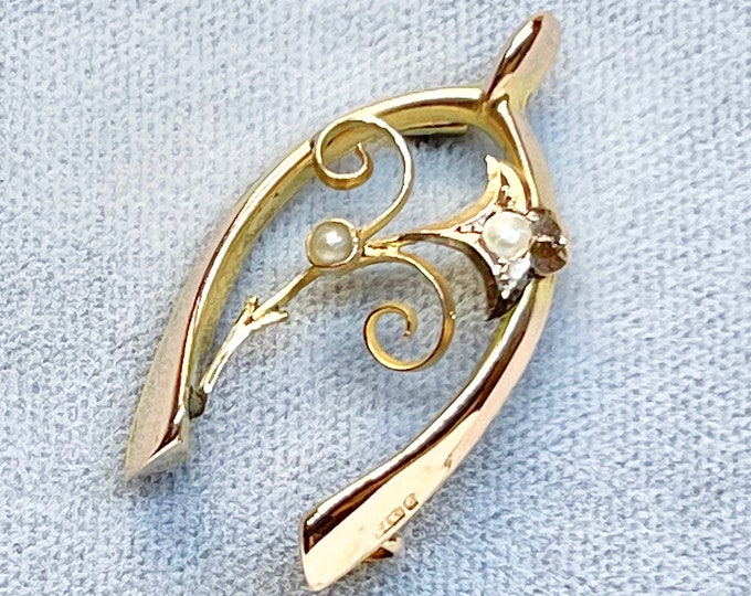 Hallmarked Yellow Gold Wishbone Pin with Pearls, Yellow Gold Pearl Brooch, Antique Hallmarked Pin, Antique Brooch, English Hallmark Pin