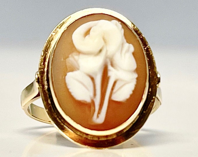 Yellow Gold Cameo Ring, Cameo of Flower, Flower Cameo, Flower Cameo Ring, Vintage Flower Cameo Ring