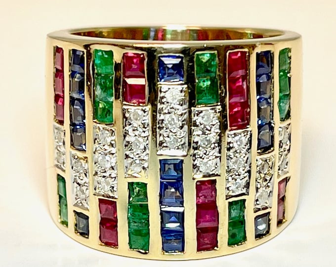 Yellow Gold Wide Band Ring, Ruby, Sapphire, Emerald and Diamond Band Ring, Vintage Wide Band Ring, Vintage Band Ring.
