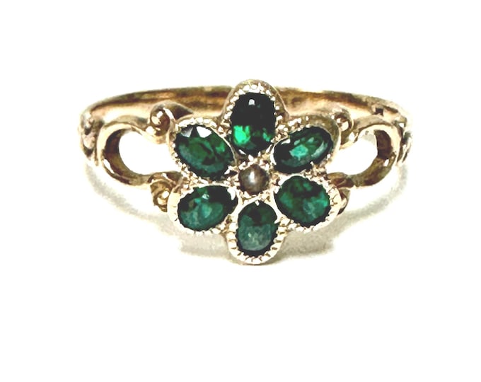 Victorian 10k Yellow Gold Garnet & Green Glass Doublet Ring, Floral Seed Pearl Split Shank