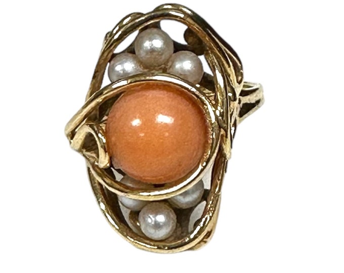 Vintage Yellow Gold Coral and Pearl Ring - Unique Free Form Design