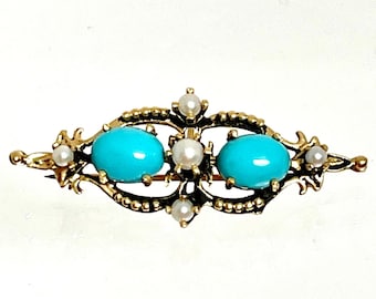 14 Karat Yellow Gold Turquoise and Culture Pearl Fancy Bar Pin, Watch Pin, Vintage Turquoise Brooch, Vintage Watch Pin