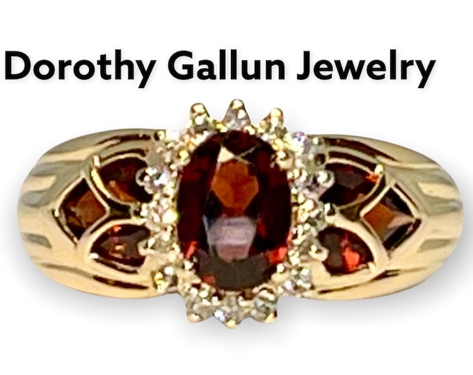Yellow Gold Diamond and Garnet Ring, Vintage Garnet Ring, Vintage Garnet and Diamond Ring