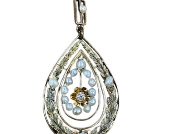 Elegant 14K Yellow & Green Gold Diamond Pearl Pendant, Antique Edwardian Jewelry