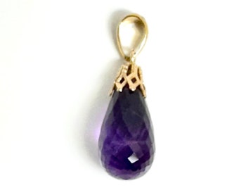 14 Karat Yellow Gold Amethyst Briolette Pendant, Amethyst Pendant
