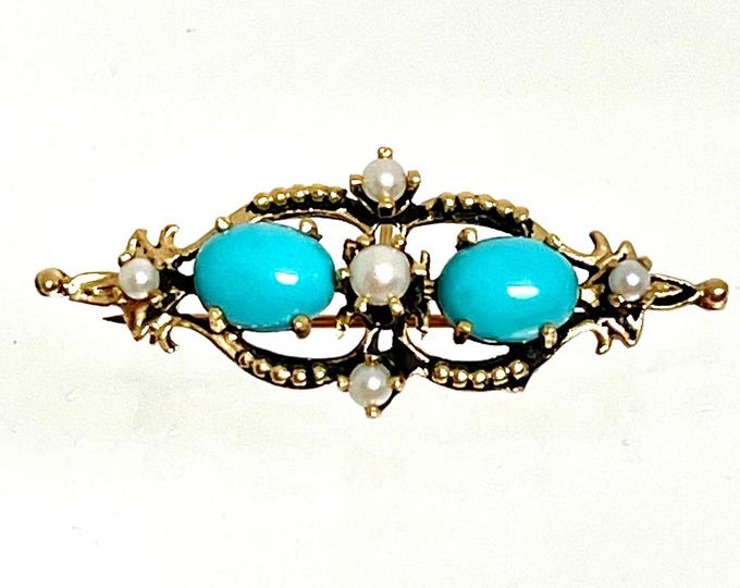 14 Karat Yellow Gold Turquoise and Culture Pearl Fancy Bar Pin, Watch Pin, Vintage Turquoise Brooch, Vintage Watch Pin