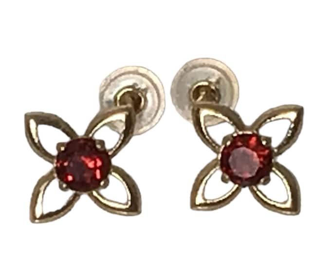 Yellow Gold Pierced Garnet Earrings in Floral Design, 14 Karat Yellow Gold Garnet Earrings