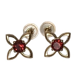 Yellow Gold Pierced Garnet Earrings in Floral Design, 14 Karat Yellow Gold Garnet Earrings