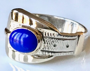10k White Gold Lapis Lazuli Buckle Ring - Size 7.5