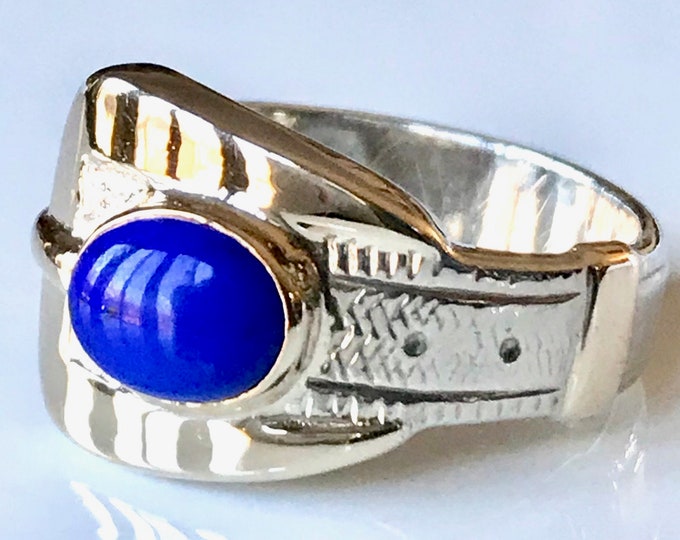 White Gold Lapis Lazuli Buckle Ring; White Gold Buckle Ring; Buckle Ring; Lapis Buckle Ring;  Lapis Ring