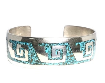 Authentic Native American Silver Chip Turquoise Cuff Bracelet - Statement Piece for Boho Fashion