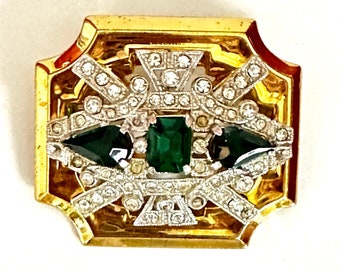 McCelland Barclay Rhinestone Brooch: Gold Filled Green Accent Stones