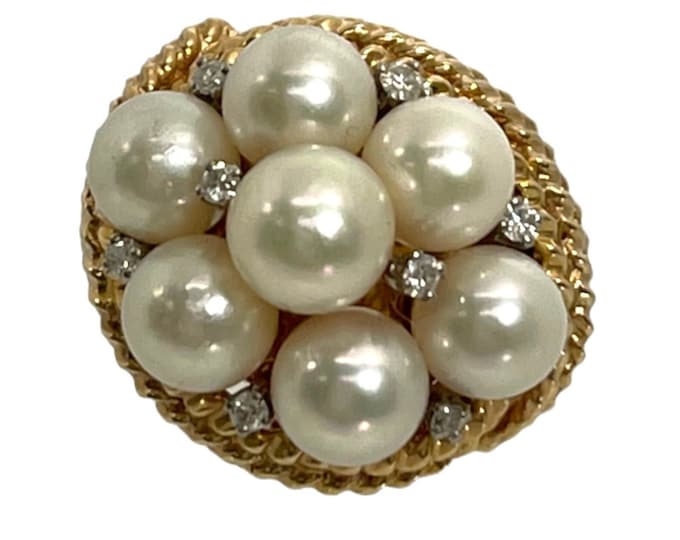 Elegant 14K Yellow Gold Pearl & Diamond Cluster Ring with Rope Design