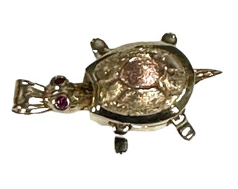 Adorable 14K Yellow Gold Movable Turtle Pendant with Rose Gold Detail and Ruby Eyes