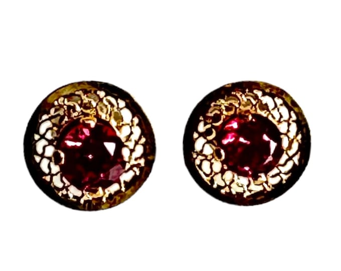 Gold Over Sterling Silver Garnet Pierced Earrings, Pierced Garnet Earrings with a Filigree Frame