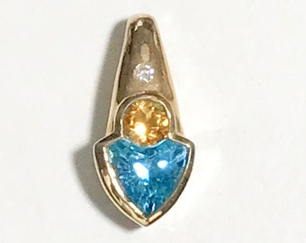 Yellow Gold Blue Topaz, Citrine and Diamond Pendant, Shield Cut Blue Topaz Pendant, Bezel Set Blue Topaz and Diamond Pendant