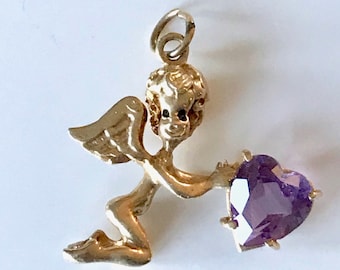 14k Yellow Gold Angel Pendant: Vintage Amethyst Heart, February Birthstone