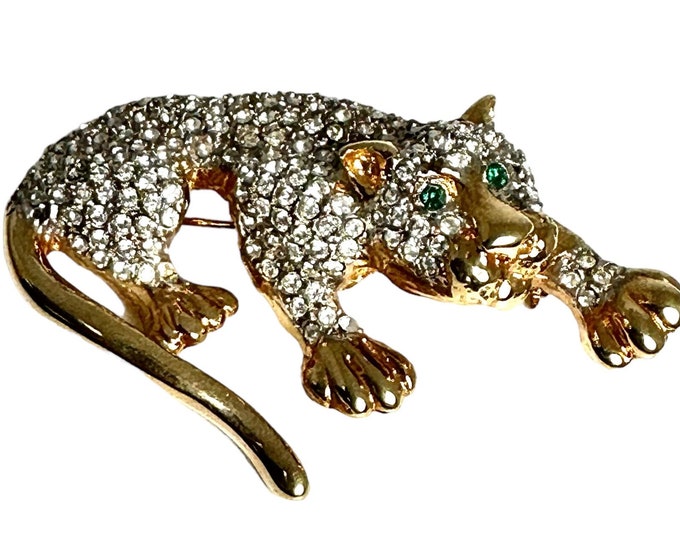 Elegant Vintage Gold Tone Rhinestone Panther Pin - Signed Puccini