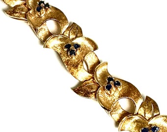 Vintage 14K Yellow Gold Sapphire Floral Link Bracelet - 1950s