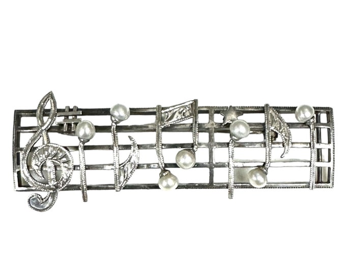 Stunning Music Lover's Brooch: Sterling Silver Staff with Pearl Note Heads