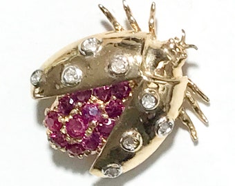 Yellow Gold Bug Brooch, Ruby and Diamond Beetle Brooch, Ruby and Diamond Bug Pin, Vintage Bug Pin, Insect Pin