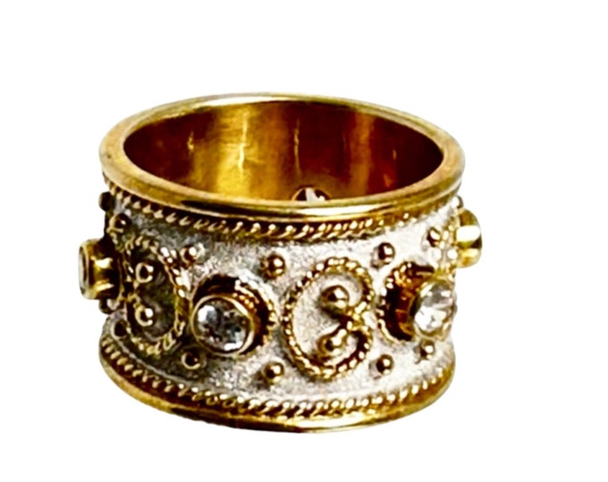 Hand Crafted Sterling Silver Ring with Gold Plated Accents and Cubic Zirconia