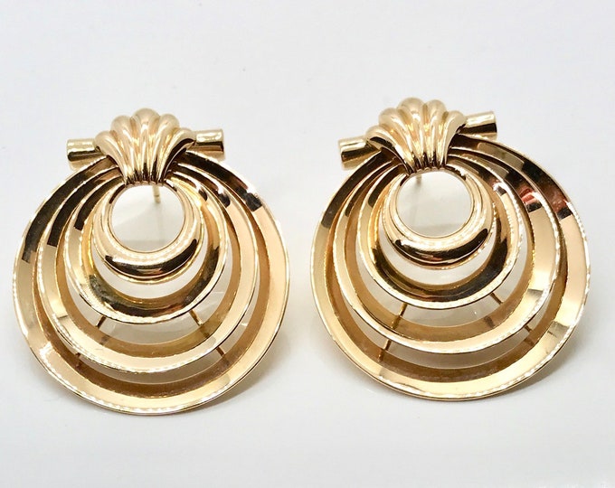 Yellow Gold Heavy Art Deco Earrings, Pierced Vintage Earrings, Art Deco Earrings, Pierced Art Deco Earrings