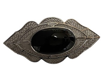 Antique Filigree Brooch with Black Onyx - Edwardian Elegance