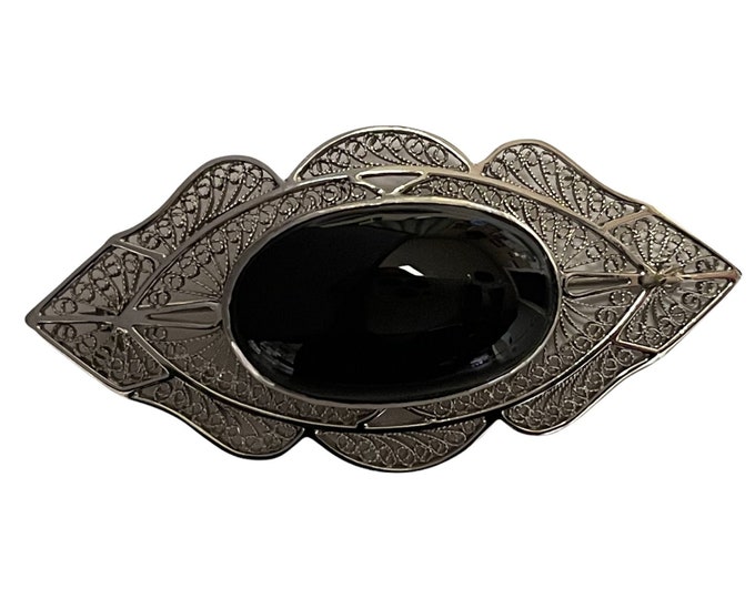 White Gold Black Onyx Filigree Brooch, Filigree Brooch, Filigree Pin, Antique Filigree Pin, Edwardian Brooch, Black Onyx Pin